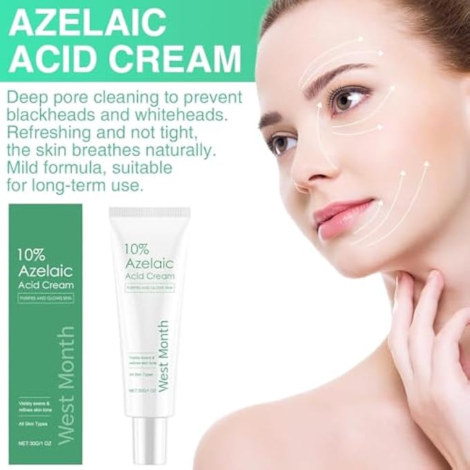 WEST MONTH AZELAIC ACID SERUM 10%, FACE CREAM FOR ALL SKIN TYPES, DARK SPOT AND ACNE TREATMENT, FACE SERUM FOR UNEVEN SKIN TONE, REDNESS RELIEF, BLEMISH-PRONE SKIN,30G - Image 3